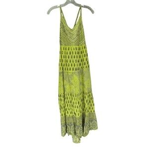 Saffron Boho Maxi Dress Size S Yellow Cotton Tiered Yellow Green 100% Cotton